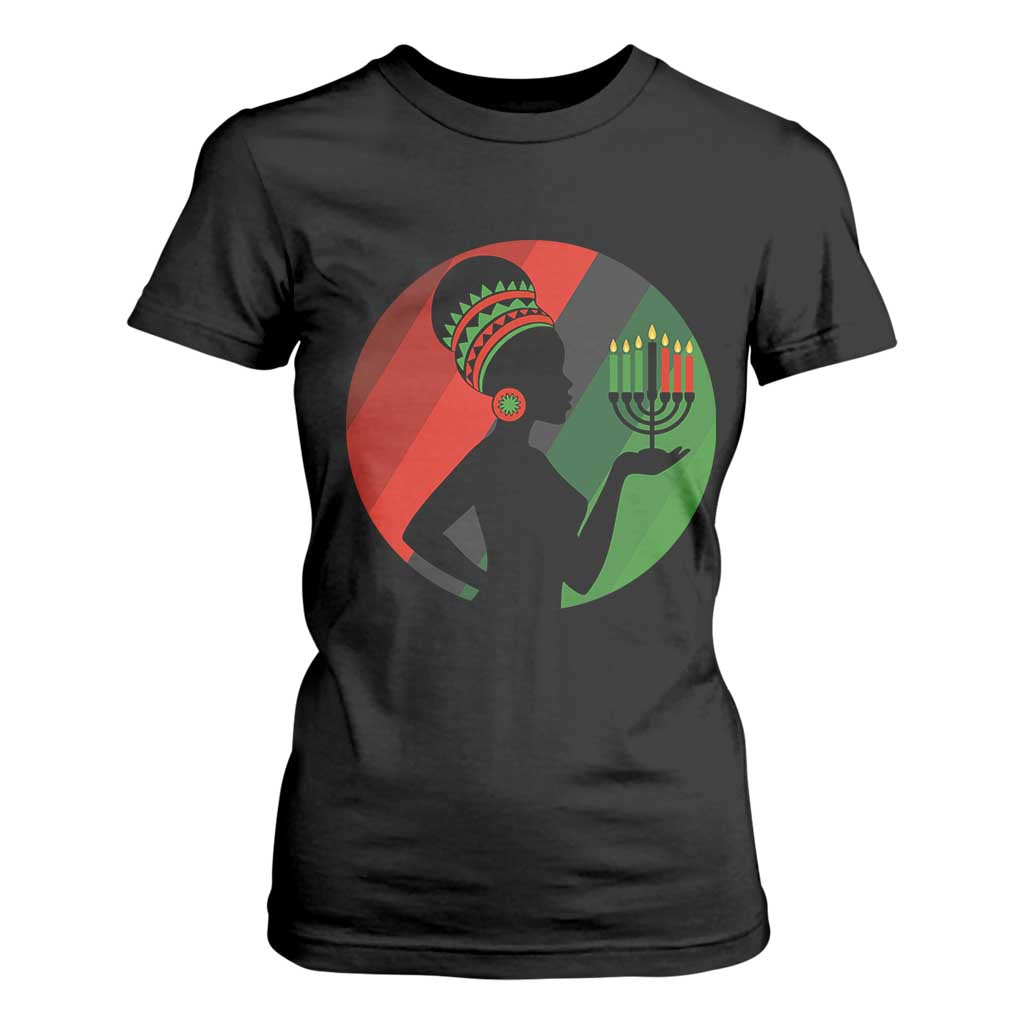 African Woman With Kinara T Shirt For Women Happy Kwanzaa Cultural Pride Gift - Print Your Wear