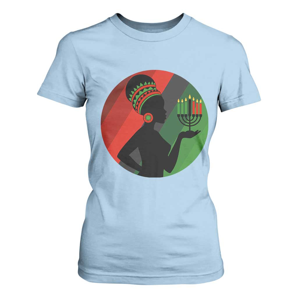 African Woman With Kinara T Shirt For Women Happy Kwanzaa Cultural Pride Gift TS12 Light Blue Print Your Wear