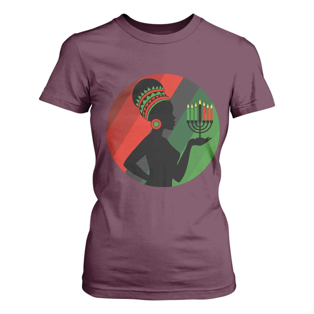 African Woman With Kinara T Shirt For Women Happy Kwanzaa Cultural Pride Gift TS12 Maroon Print Your Wear