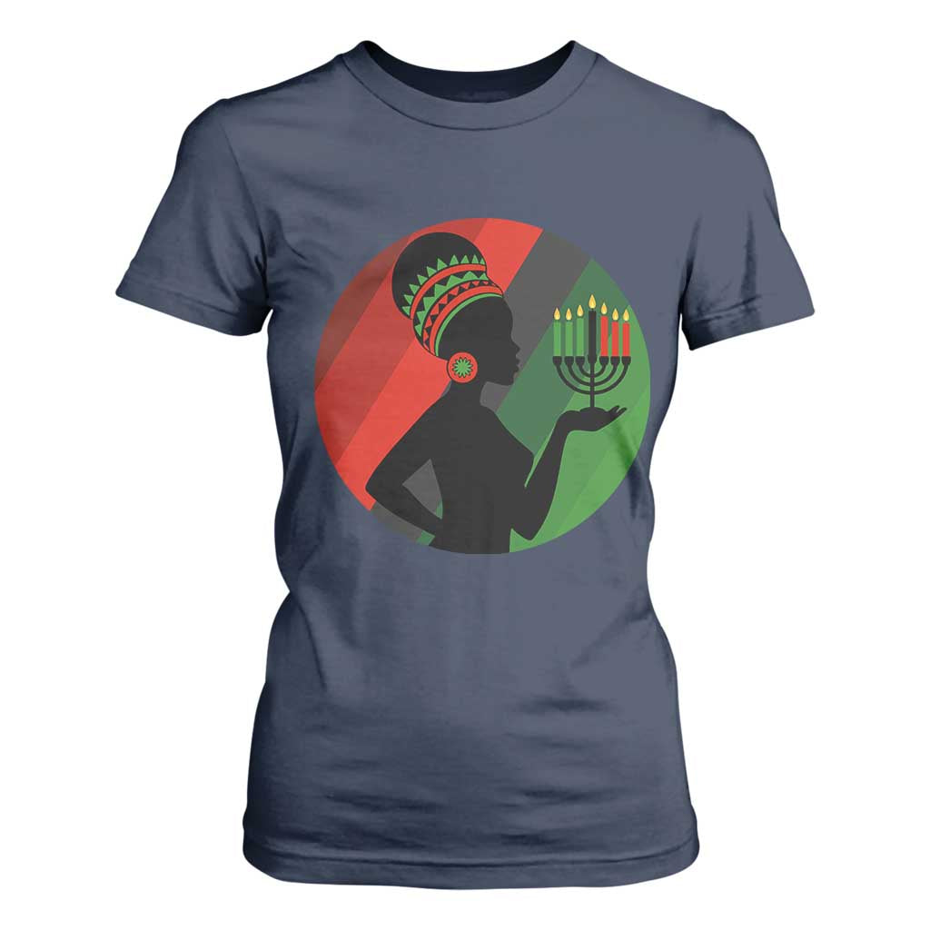 African Woman With Kinara T Shirt For Women Happy Kwanzaa Cultural Pride Gift TS12 Navy Print Your Wear