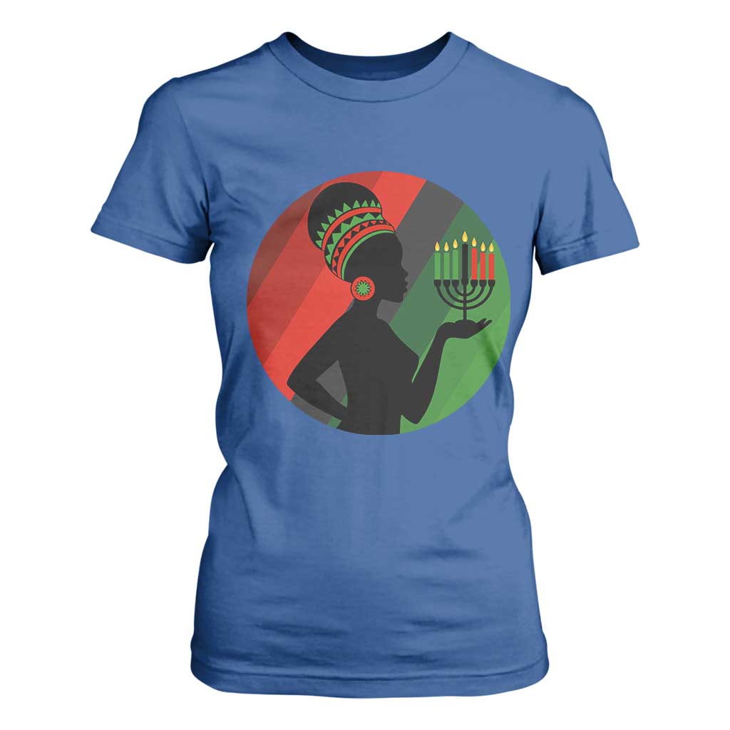 African Woman With Kinara T Shirt For Women Happy Kwanzaa Cultural Pride Gift - Print Your Wear