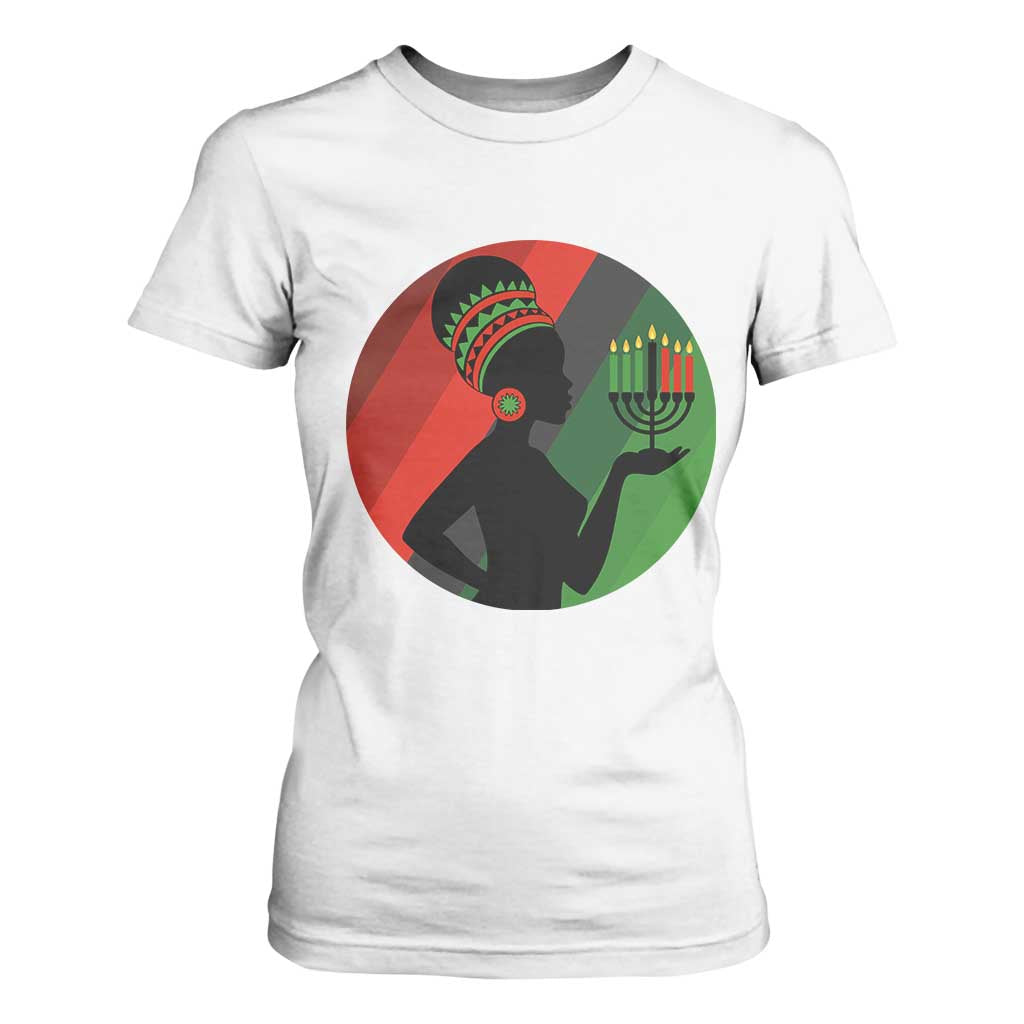 African Woman With Kinara T Shirt For Women Happy Kwanzaa Cultural Pride Gift - Print Your Wear