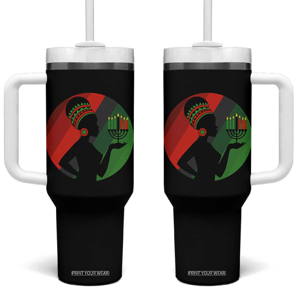 African Woman With Kinara Tumbler With Handle Happy Kwanzaa Cultural Pride Gift TS12 One Size: 40 oz Black Print Your Wear