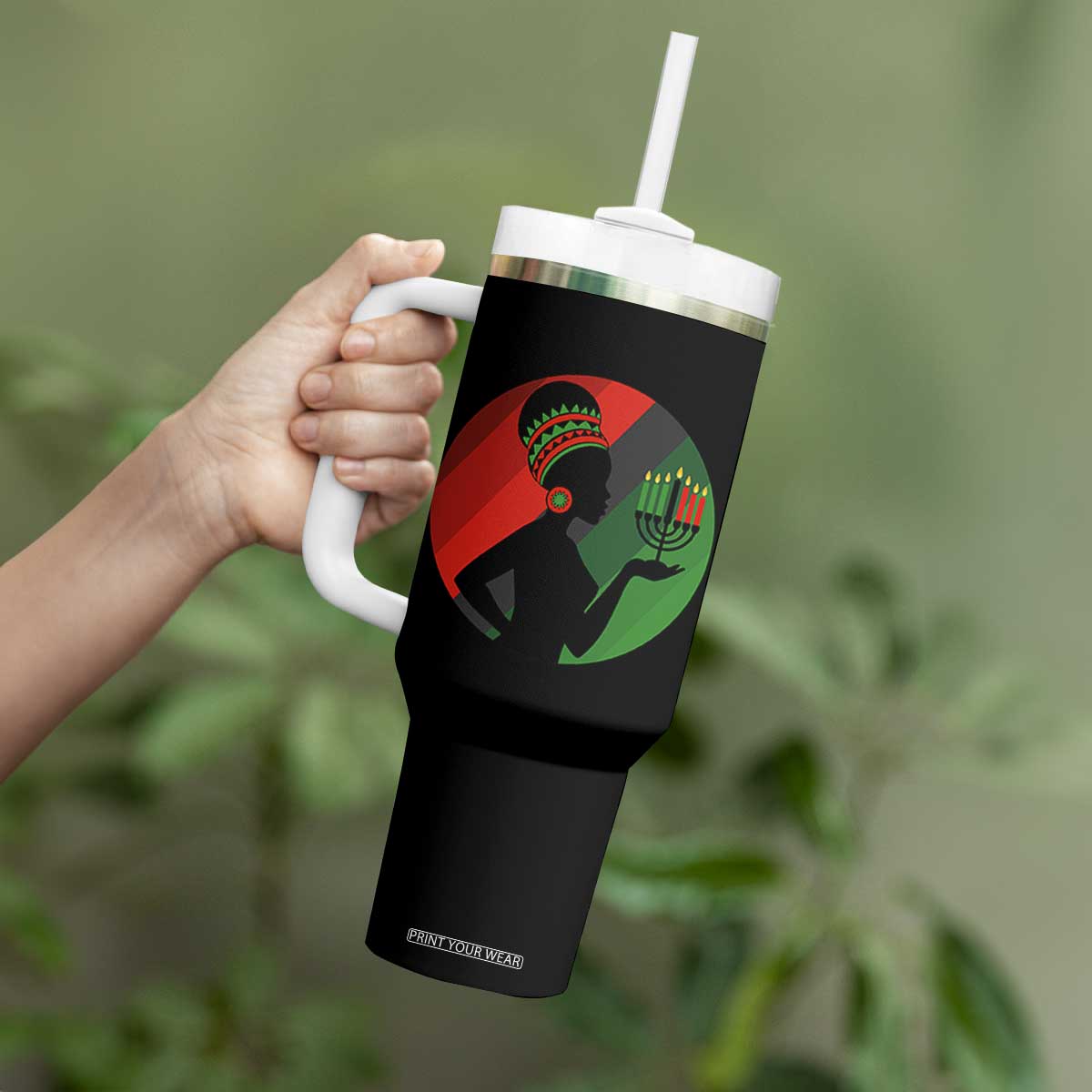 African Woman With Kinara Tumbler With Handle Happy Kwanzaa Cultural Pride Gift TS12 Print Your Wear