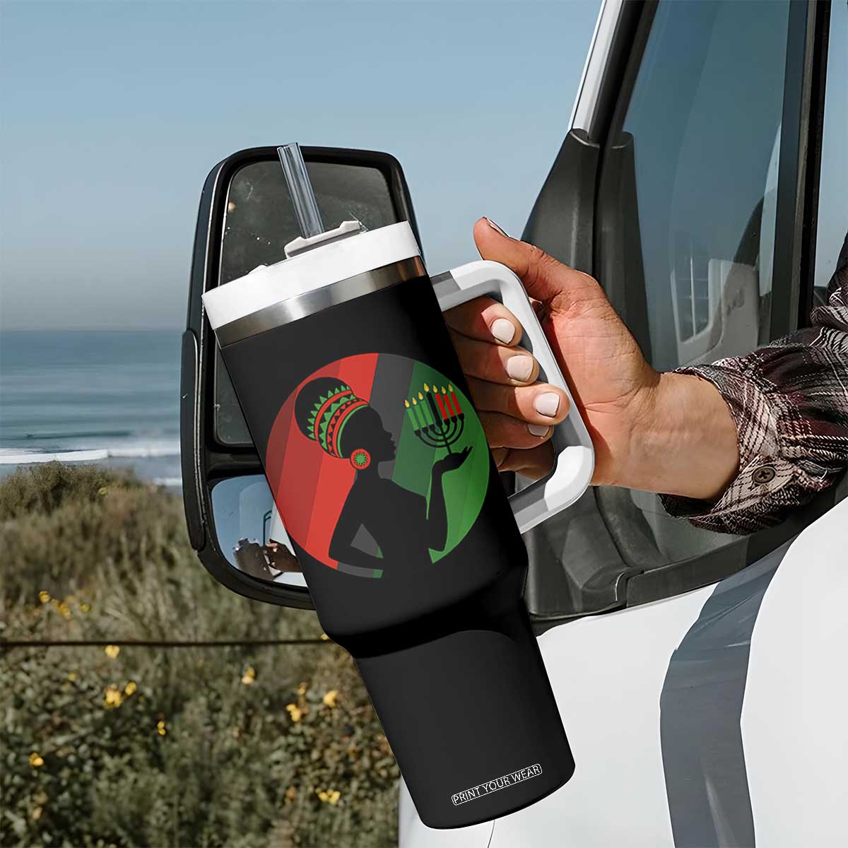 African Woman With Kinara Tumbler With Handle Happy Kwanzaa Cultural Pride Gift TS12 Print Your Wear