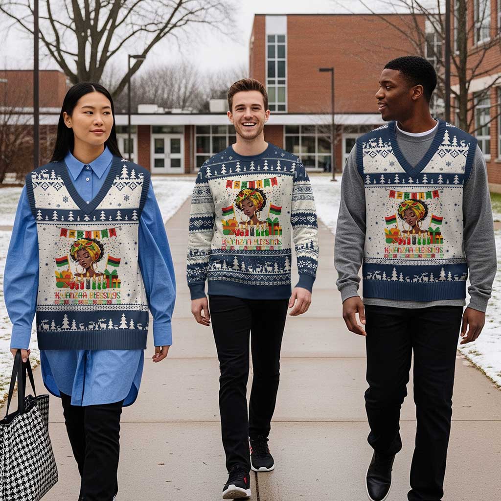 Kwanzaa Blessings African Woman V-Neck Knit Sweater Vest Umoja Seven Principles Family Gift TS12 Beige Navy Print Your Wear