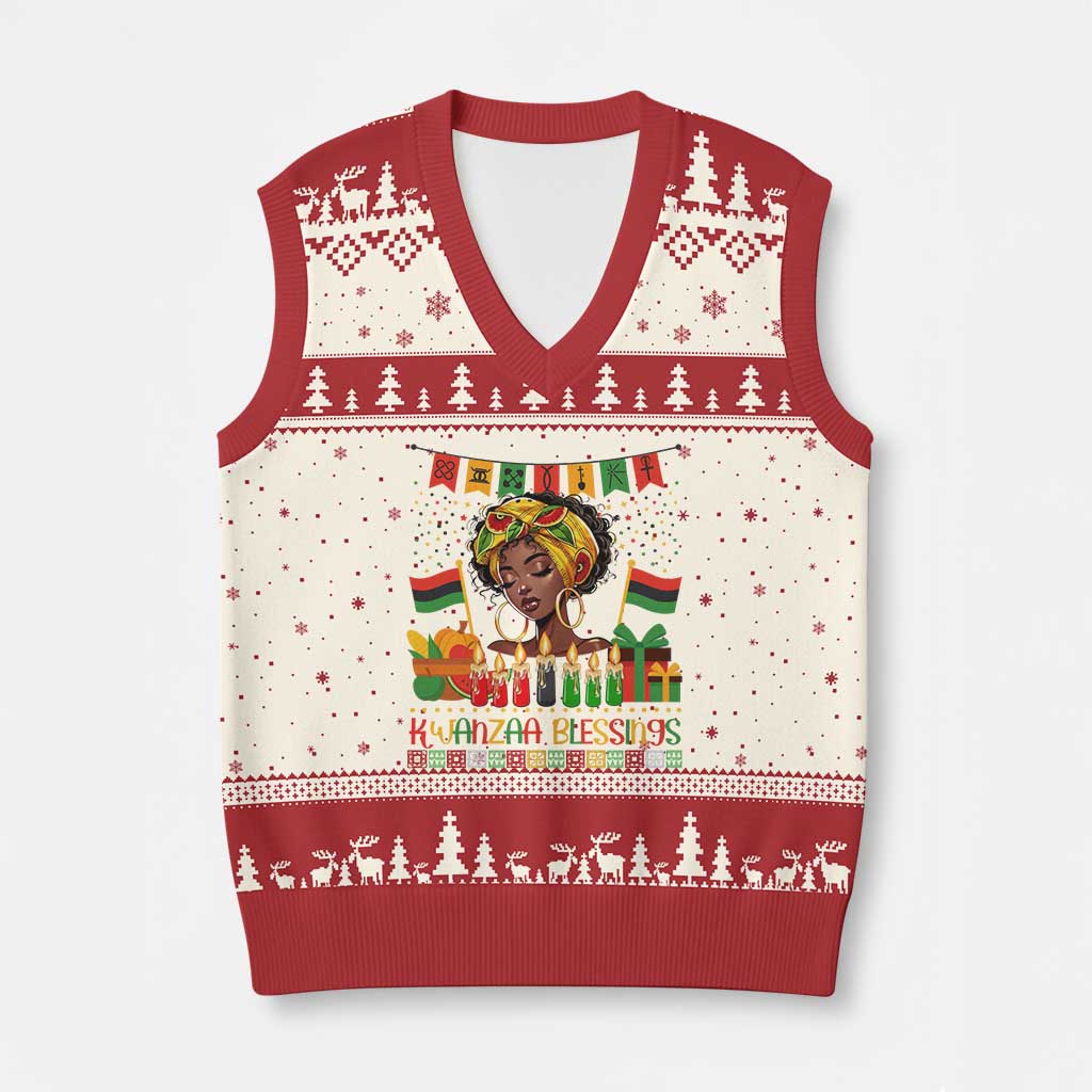 Kwanzaa Blessings African Woman V-Neck Knit Sweater Vest Umoja Seven Principles Family Gift TS12 Beige Red Print Your Wear