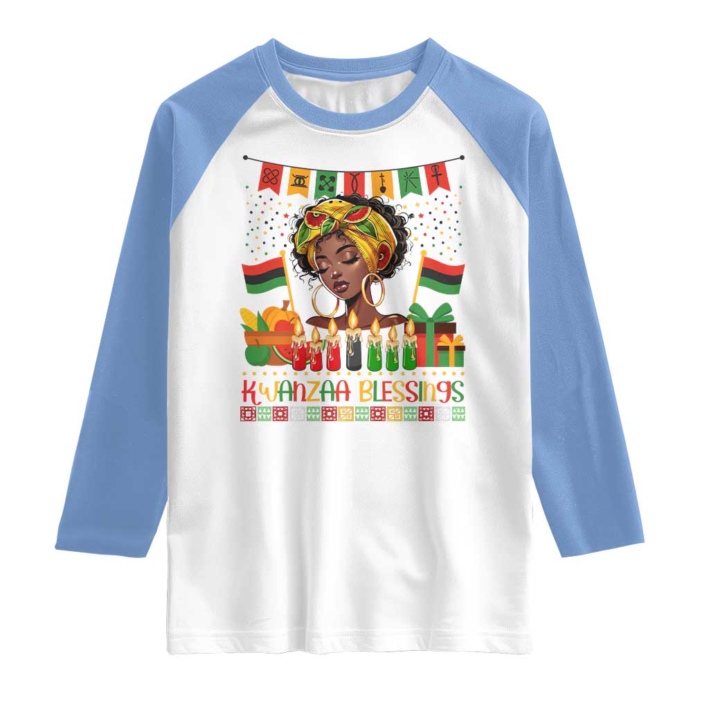 Kwanzaa Blessings African Woman Raglan Shirt Umoja Seven Principles Family Gift TS12 White Carolina Blue Print Your Wear