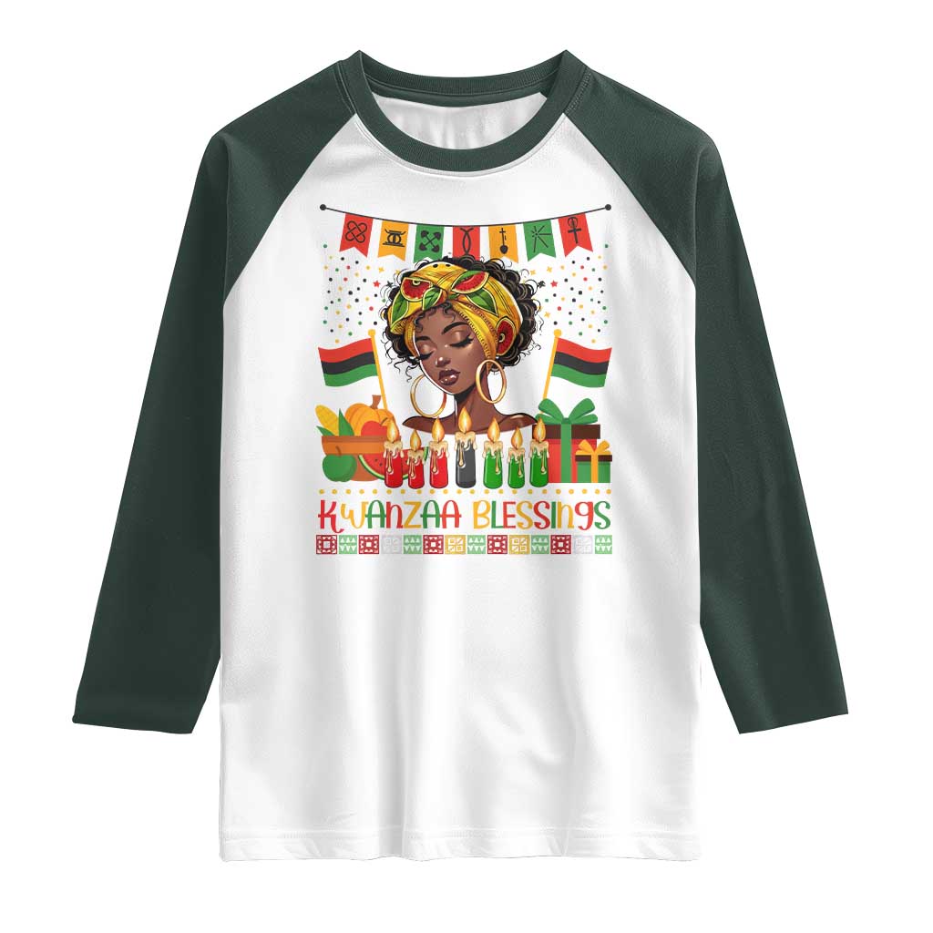 Kwanzaa Blessings African Woman Raglan Shirt Umoja Seven Principles Family Gift TS12 White Dark Forest Green Print Your Wear