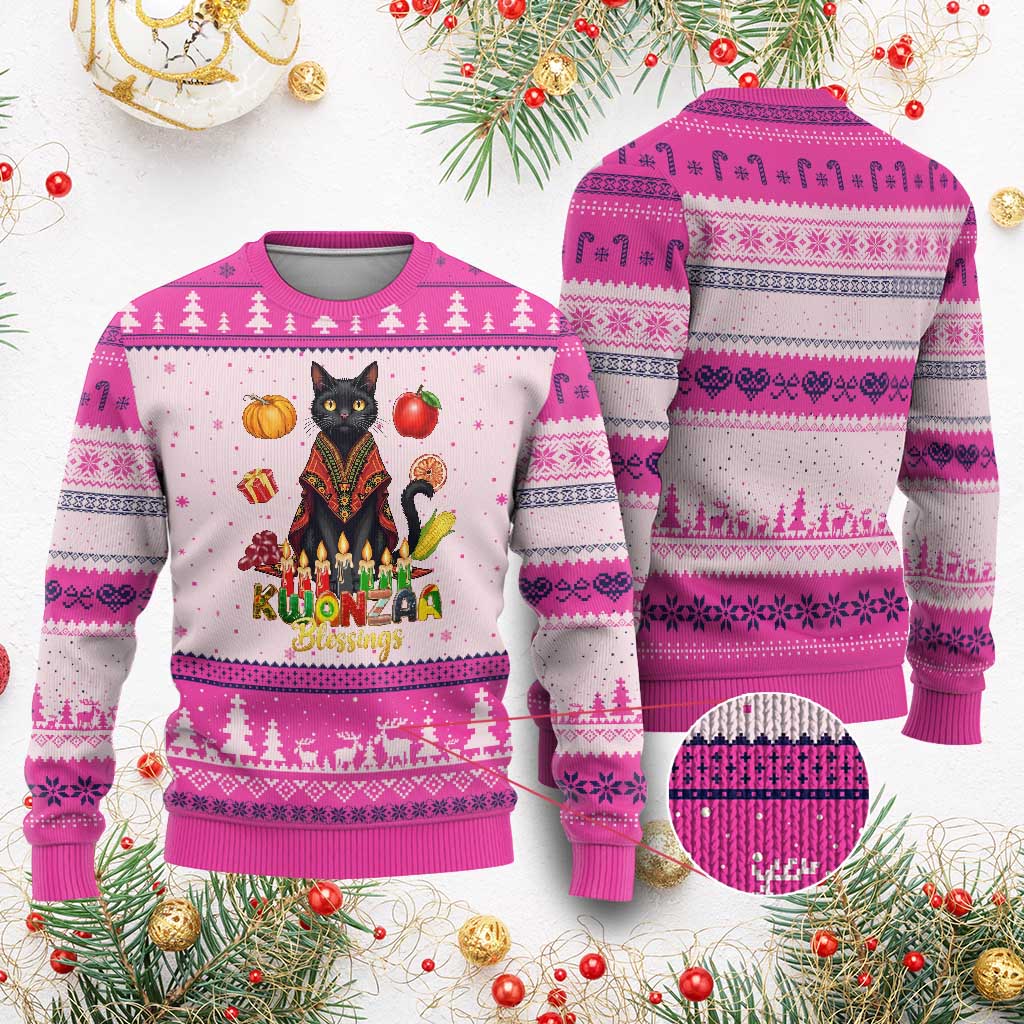 Kwanzaa Blessings Ugly Christmas Sweater Funny Cat African Heritage Gift TS12 Hot Pink Print Your Wear