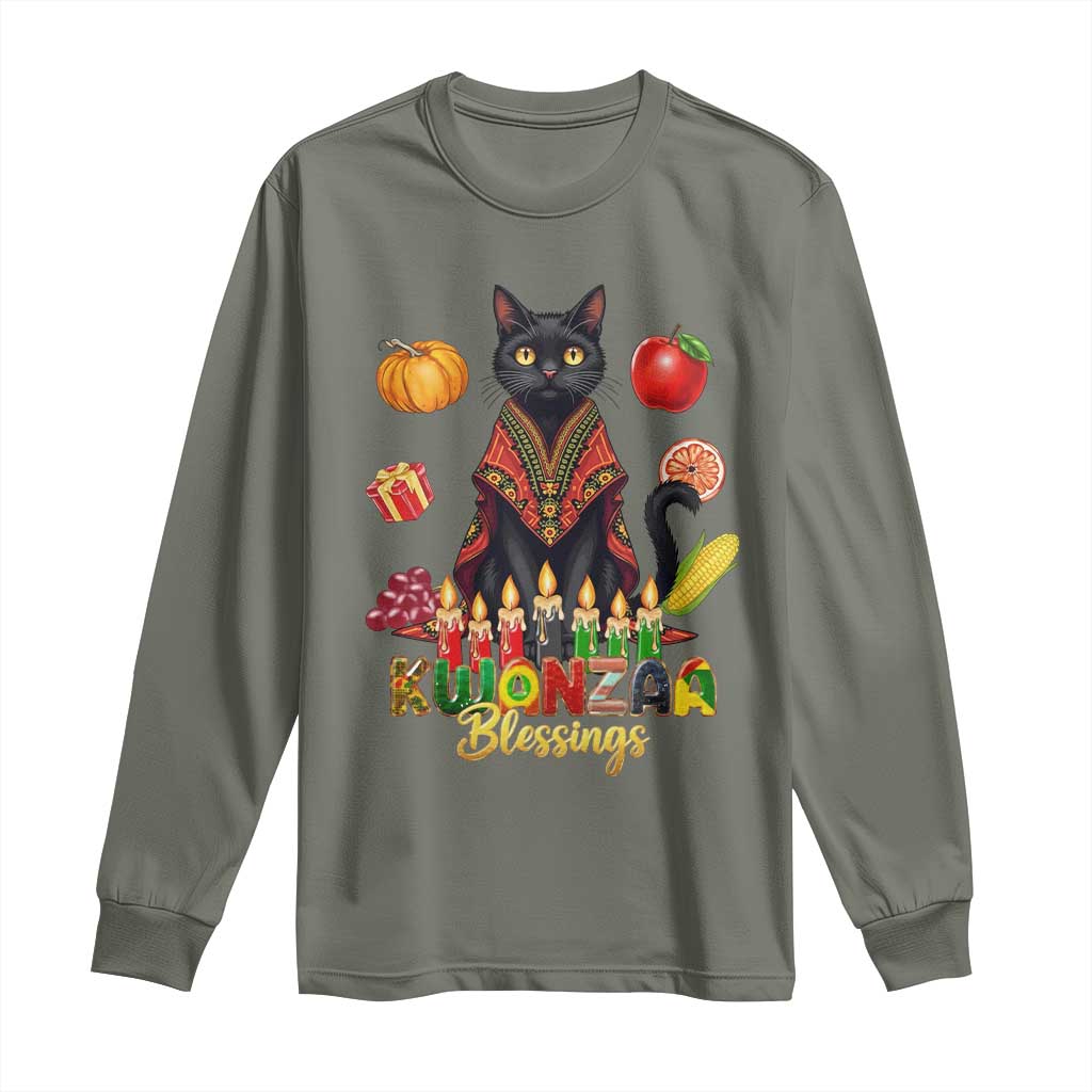 Kwanzaa Blessings Long Sleeve Shirt Funny Cat African Heritage Gift TS12 Military Green Print Your Wear