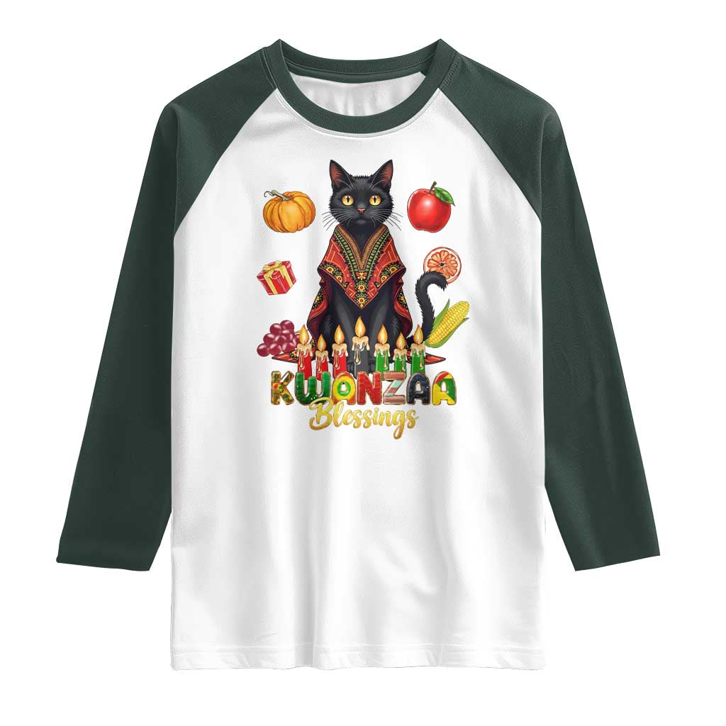 Kwanzaa Blessings Raglan Shirt Funny Cat African Heritage Gift TS12 White Dark Forest Green Print Your Wear