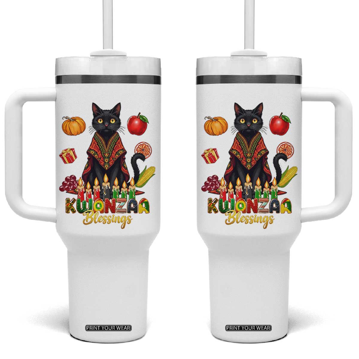 Kwanzaa Blessings Tumbler With Handle Funny Cat African Heritage Gift TS12 One Size: 40 oz White Print Your Wear