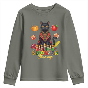 Kwanzaa Blessings Youth Sweatshirt Funny Cat African Heritage Gift TS12 Military Green Print Your Wear