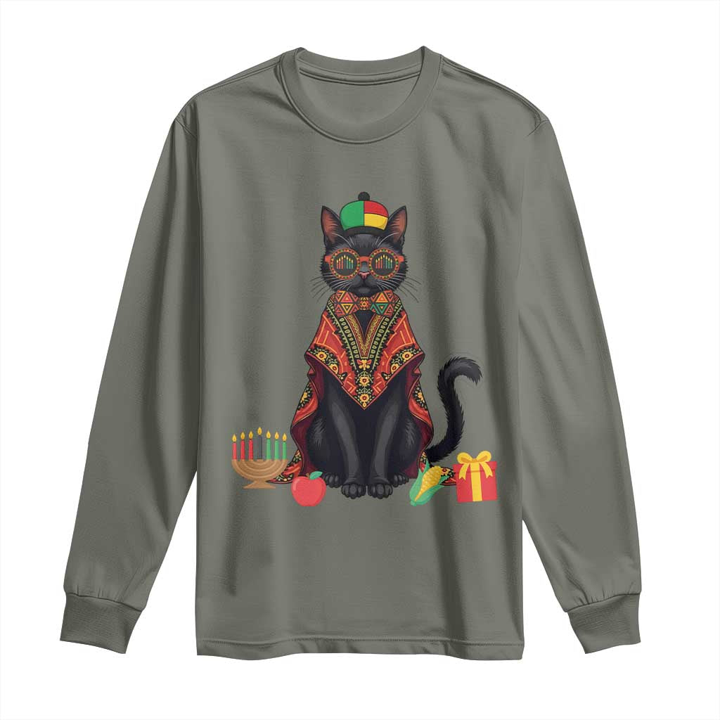 Cute Kwanzaa Cat Dashiki Long Sleeve Shirt African Heritage Gift TS12 Military Green Print Your Wear