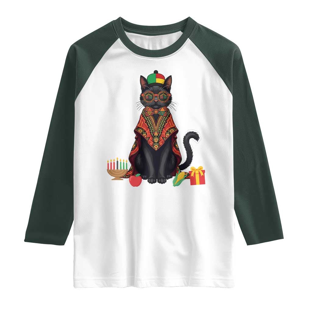 Cute Kwanzaa Cat Dashiki Raglan Shirt African Heritage Gift TS12 White Dark Forest Green Print Your Wear