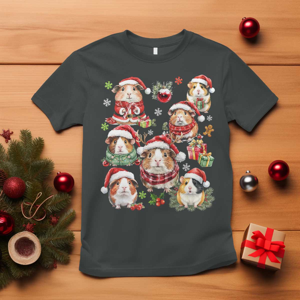 Funny Santa Cavy Squad T Shirt Christmas Guinea Pig Gift TS12 Dark Heather Print Your Wear