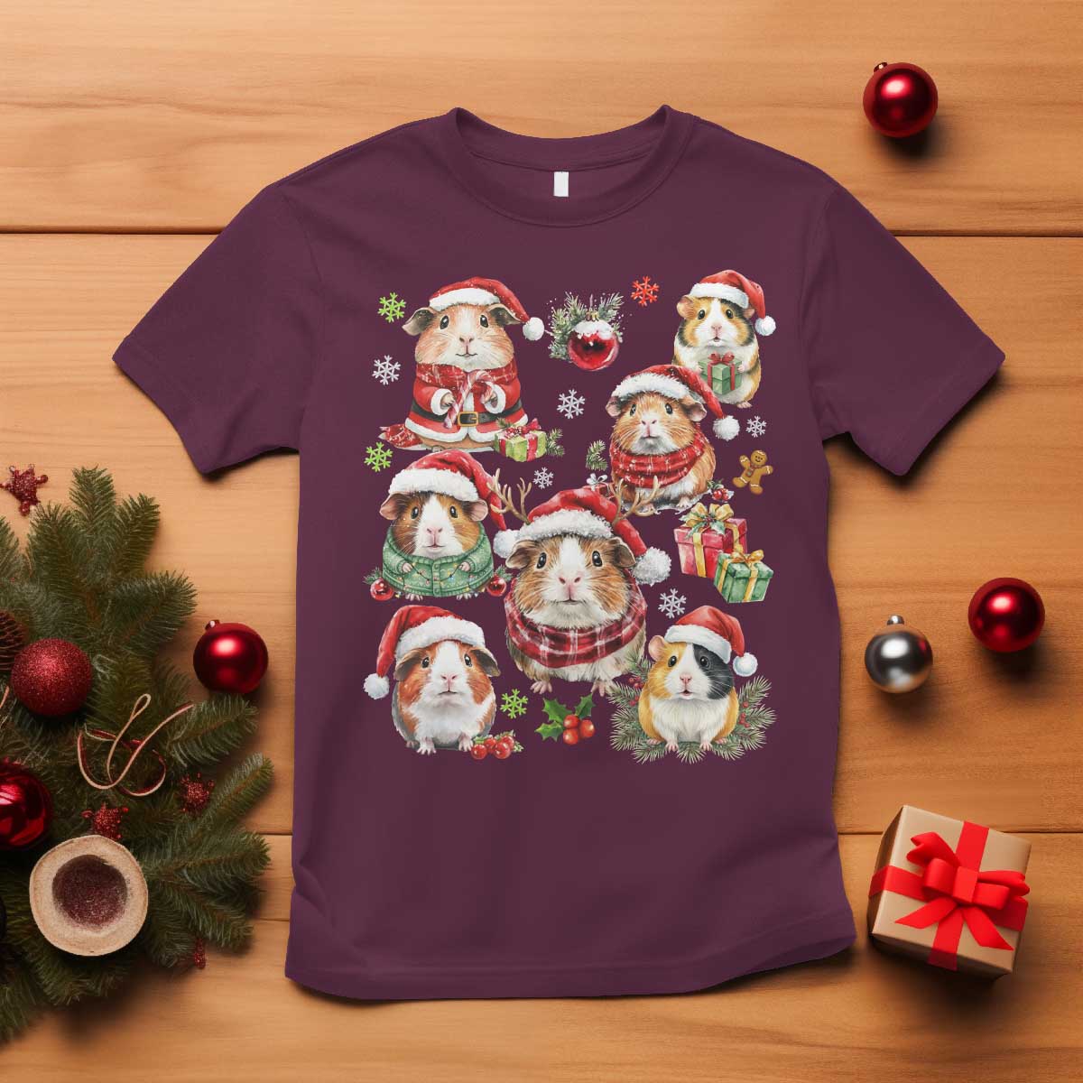 Funny Santa Cavy Squad T Shirt Christmas Guinea Pig Gift TS12 Maroon Print Your Wear