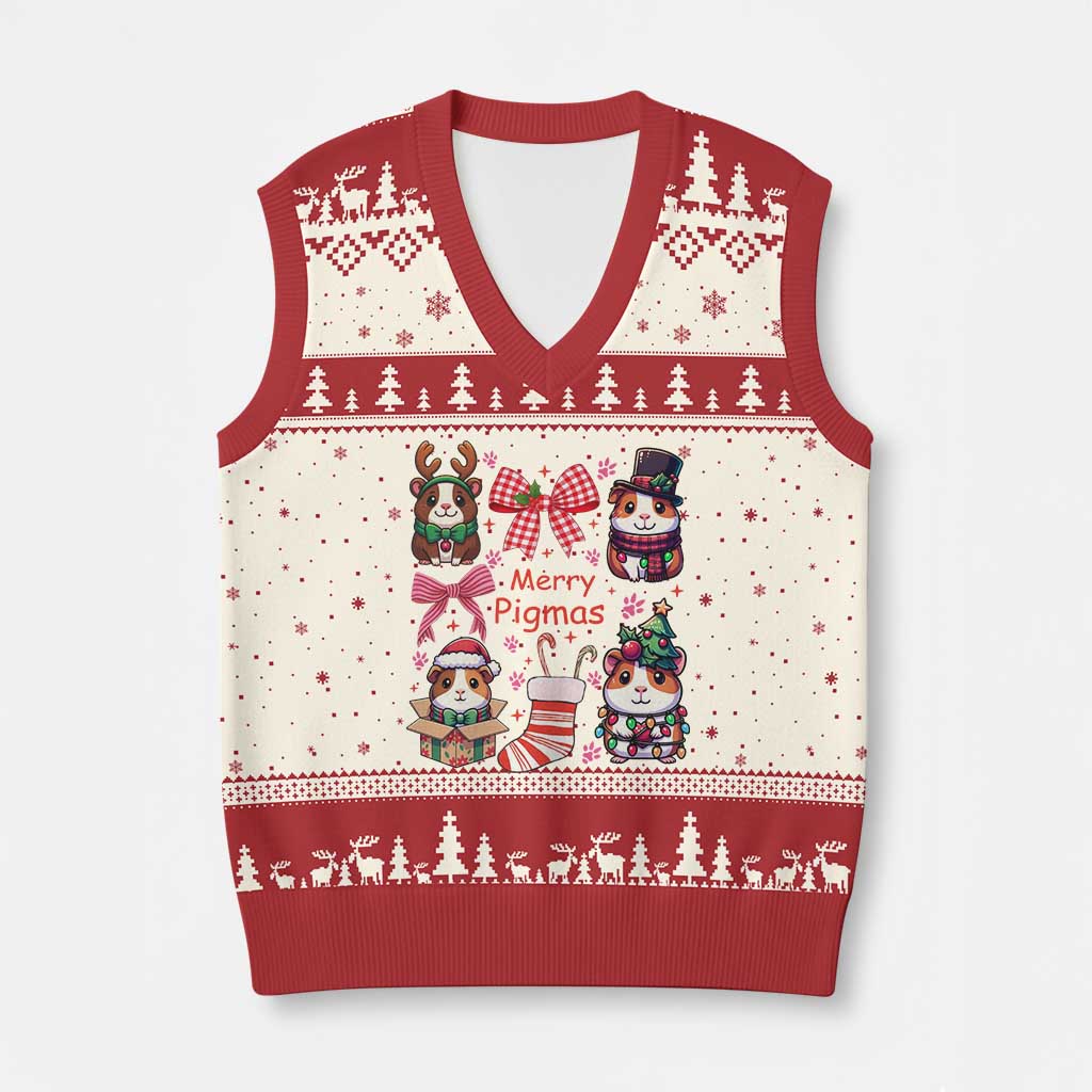 Merry Pigmas V-Neck Knit Sweater Vest Funny Guinea Pig Cavy Lover Holiday Gift TS12 Beige Red Print Your Wear