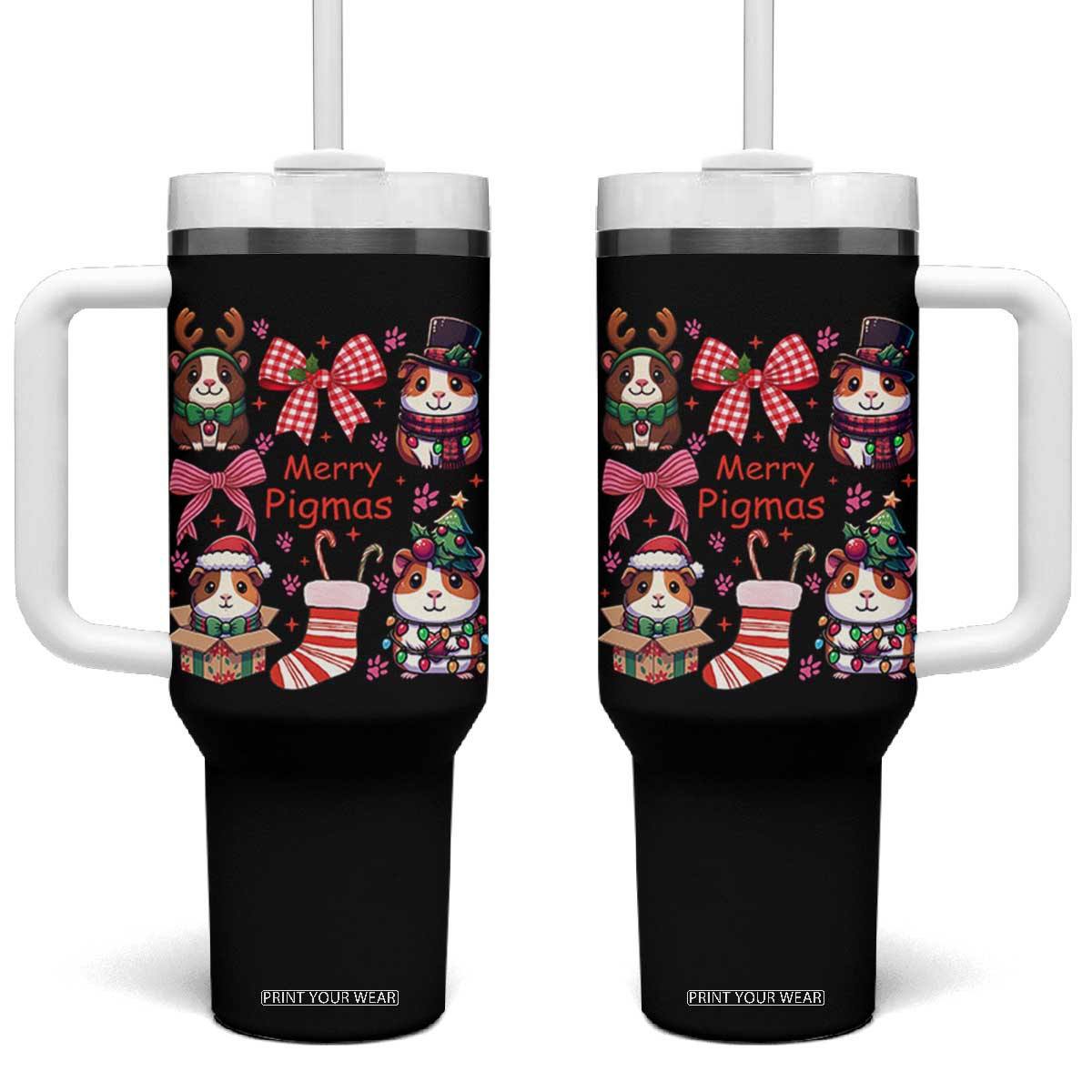 Merry Pigmas Tumbler With Handle Funny Guinea Pig Cavy Lover Holiday Gift TS12 One Size: 40 oz Black Print Your Wear