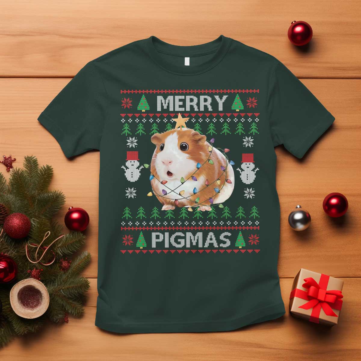 Merry Pigmas Ugly Christmas T Shirt Guinea Pig Lover TS12 Dark Forest Green Print Your Wear