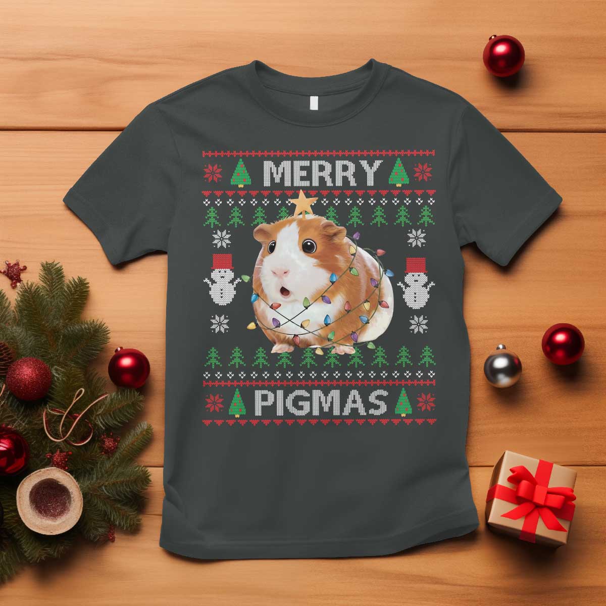 Merry Pigmas Ugly Christmas T Shirt Guinea Pig Lover TS12 Dark Heather Print Your Wear