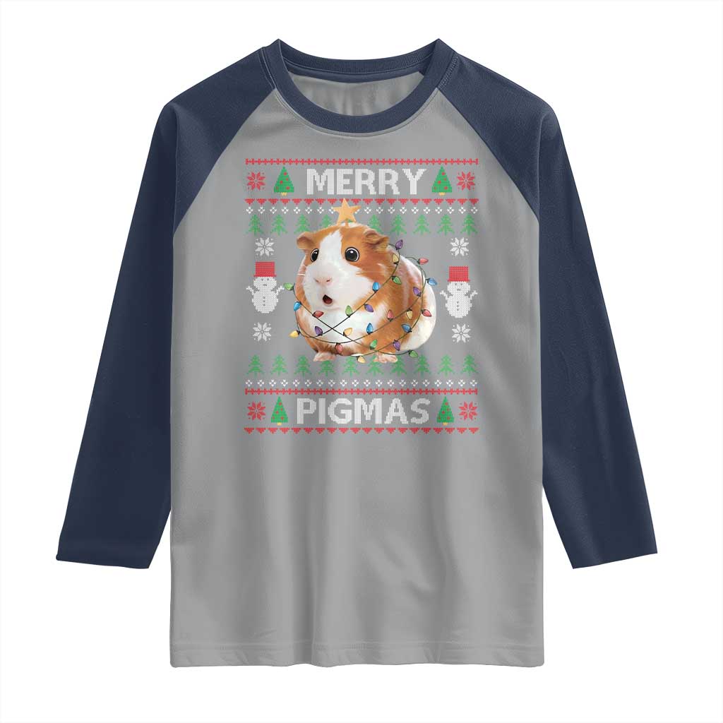 Merry Pigmas Ugly Christmas Raglan Shirt Guinea Pig Lover TS12 Sport Gray Navy Print Your Wear
