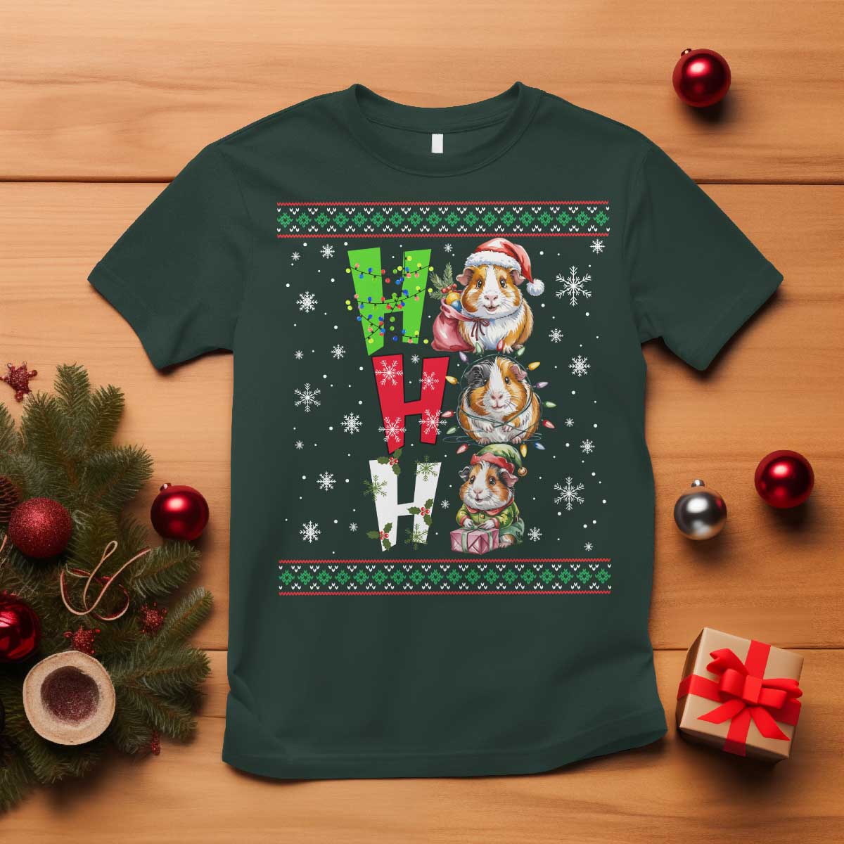 Funny Guinea Pig Ho Ho Ho Ugly Christmas Sweater T Shirt Cute Pet Lover TS12 Dark Forest Green Print Your Wear