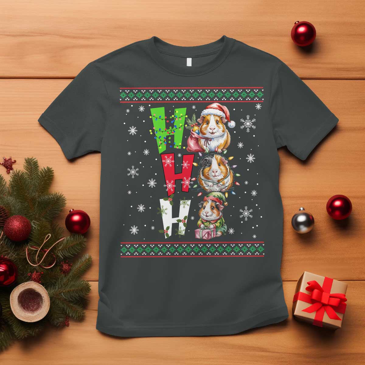 Funny Guinea Pig Ho Ho Ho Ugly Christmas Sweater T Shirt Cute Pet Lover TS12 Dark Heather Print Your Wear