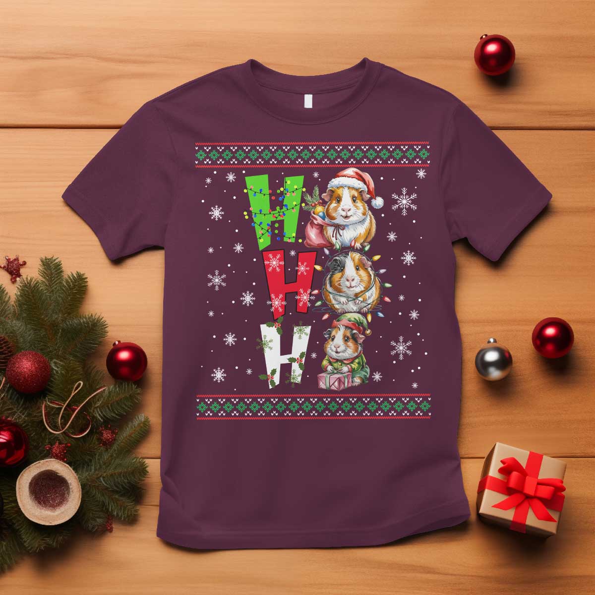Funny Guinea Pig Ho Ho Ho Ugly Christmas Sweater T Shirt Cute Pet Lover TS12 Maroon Print Your Wear