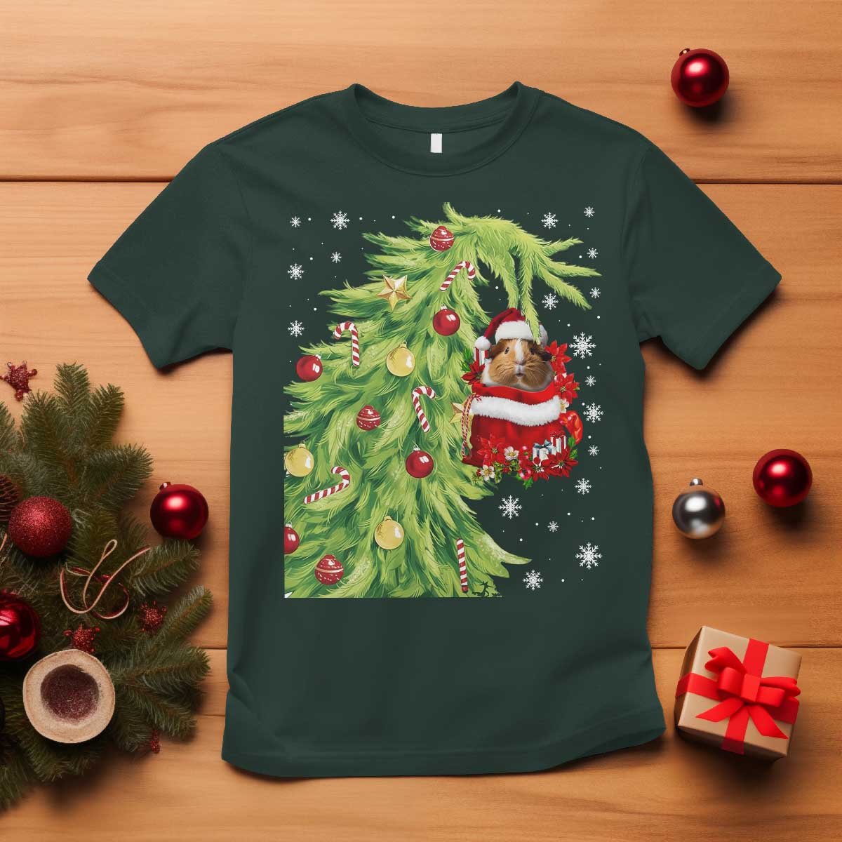 Funny Christmas Guinea In Green Hand Naughty T Shirt Cute Pet Lover Gift TS12 Dark Forest Green Print Your Wear