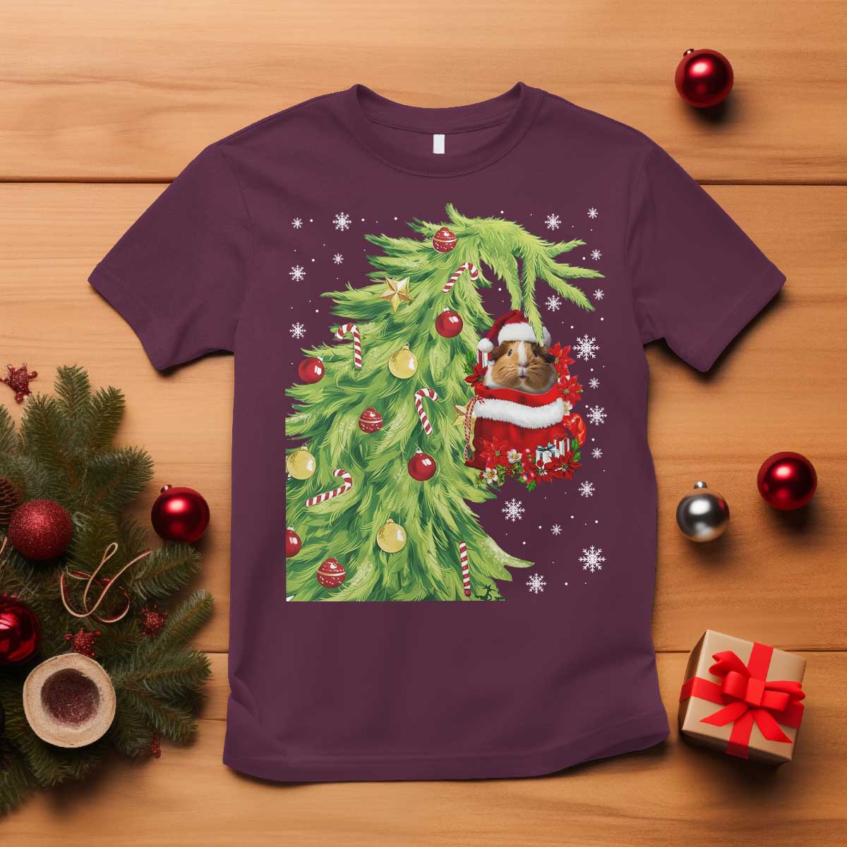 Funny Christmas Guinea In Green Hand Naughty T Shirt Cute Pet Lover Gift TS12 Maroon Print Your Wear