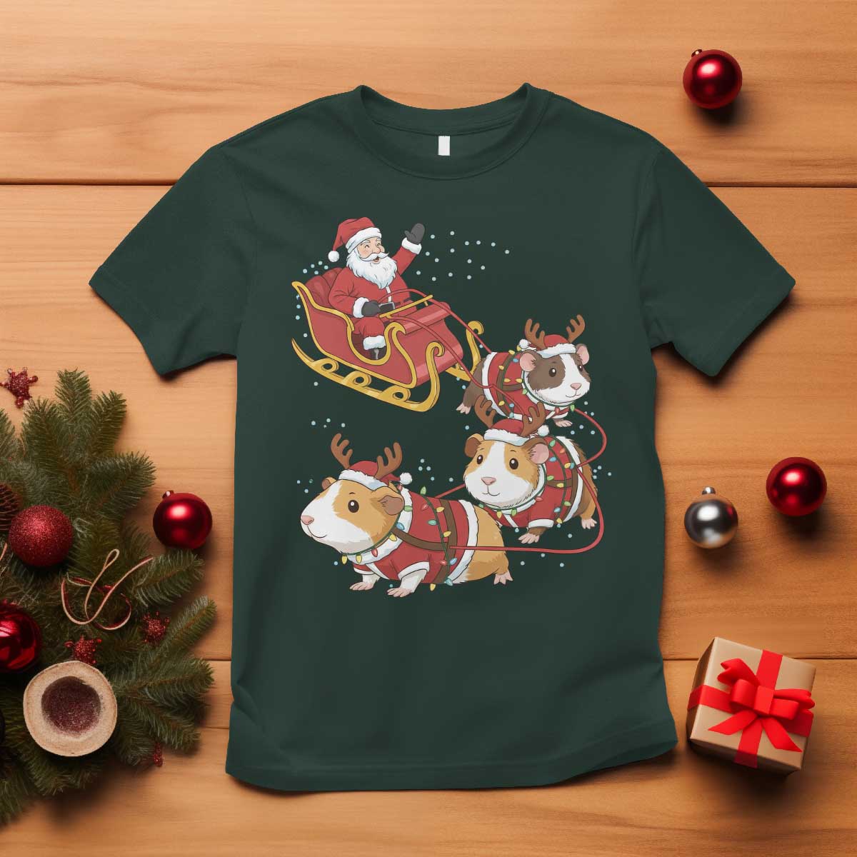 Funny Christmas Guinea Pig Lover Gift T Shirt Santa Pig Sleigh Crew TS12 Dark Forest Green Print Your Wear