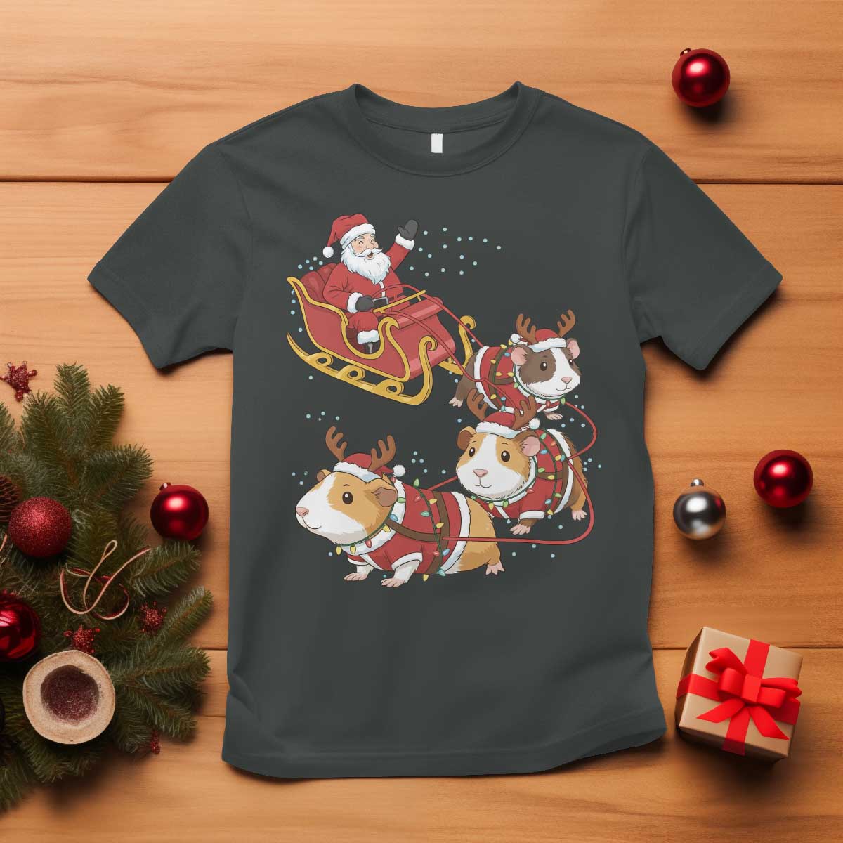 Funny Christmas Guinea Pig Lover Gift T Shirt Santa Pig Sleigh Crew TS12 Dark Heather Print Your Wear