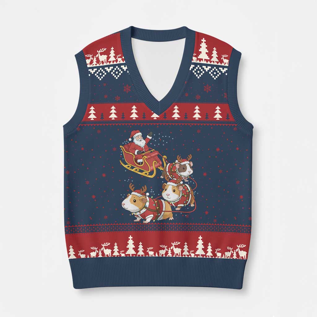Funny Christmas Guinea Pig Lover Gift V-Neck Knit Sweater Vest Santa Pig Sleigh Crew TS12 Navy Red Print Your Wear