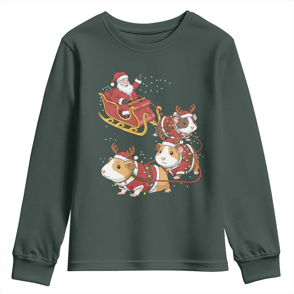Funny Christmas Guinea Pig Lover Gift Youth Sweatshirt Santa Pig Sleigh Crew TS12 Dark Forest Green Print Your Wear