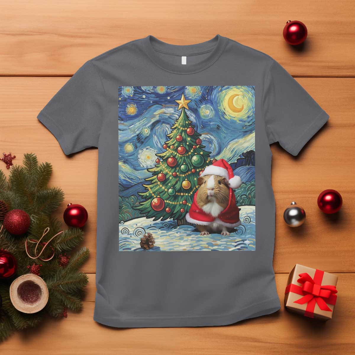 Santa Guinea Pig Starry Night Inspired T Shirt Funny Christmas Gift TS12 Charcoal Print Your Wear