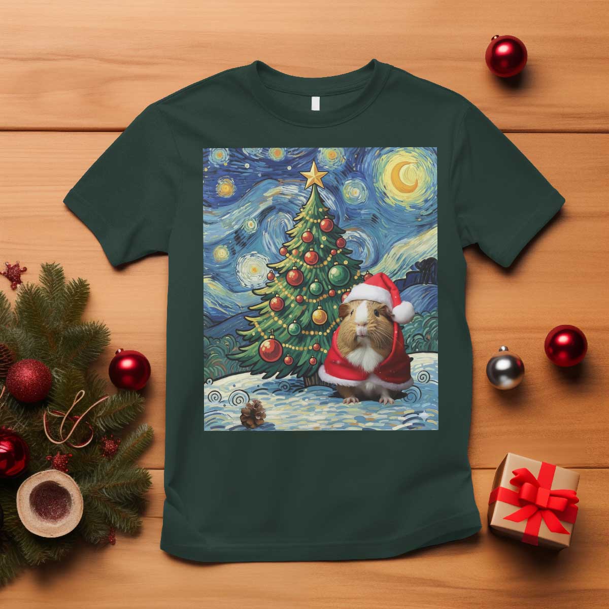 Santa Guinea Pig Starry Night Inspired T Shirt Funny Christmas Gift TS12 Dark Forest Green Print Your Wear