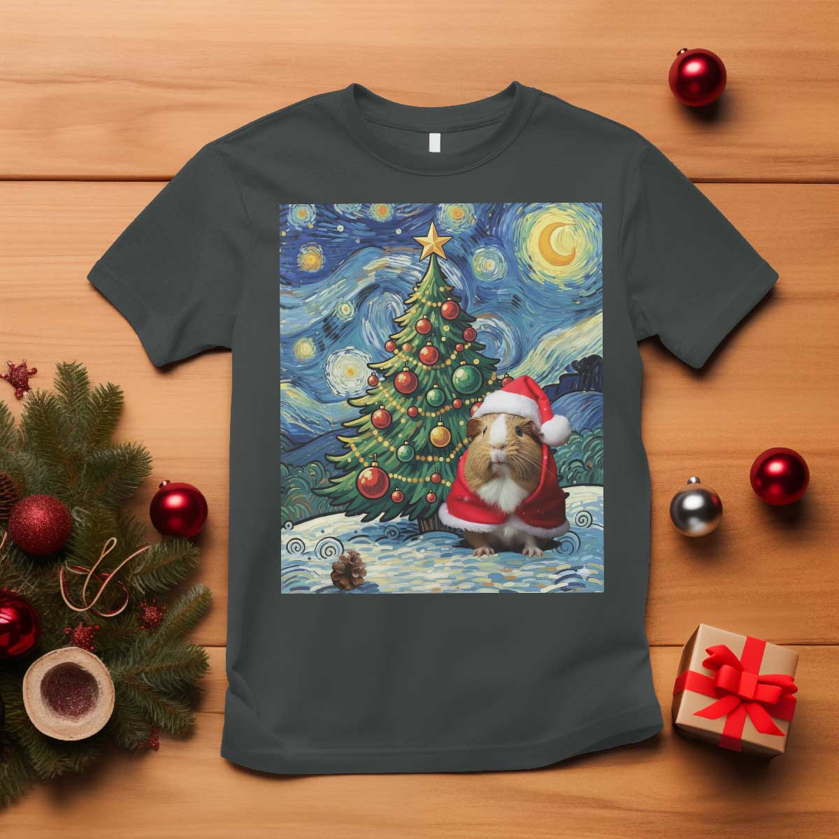 Santa Guinea Pig Starry Night Inspired T Shirt Funny Christmas Gift TS12 Dark Heather Print Your Wear