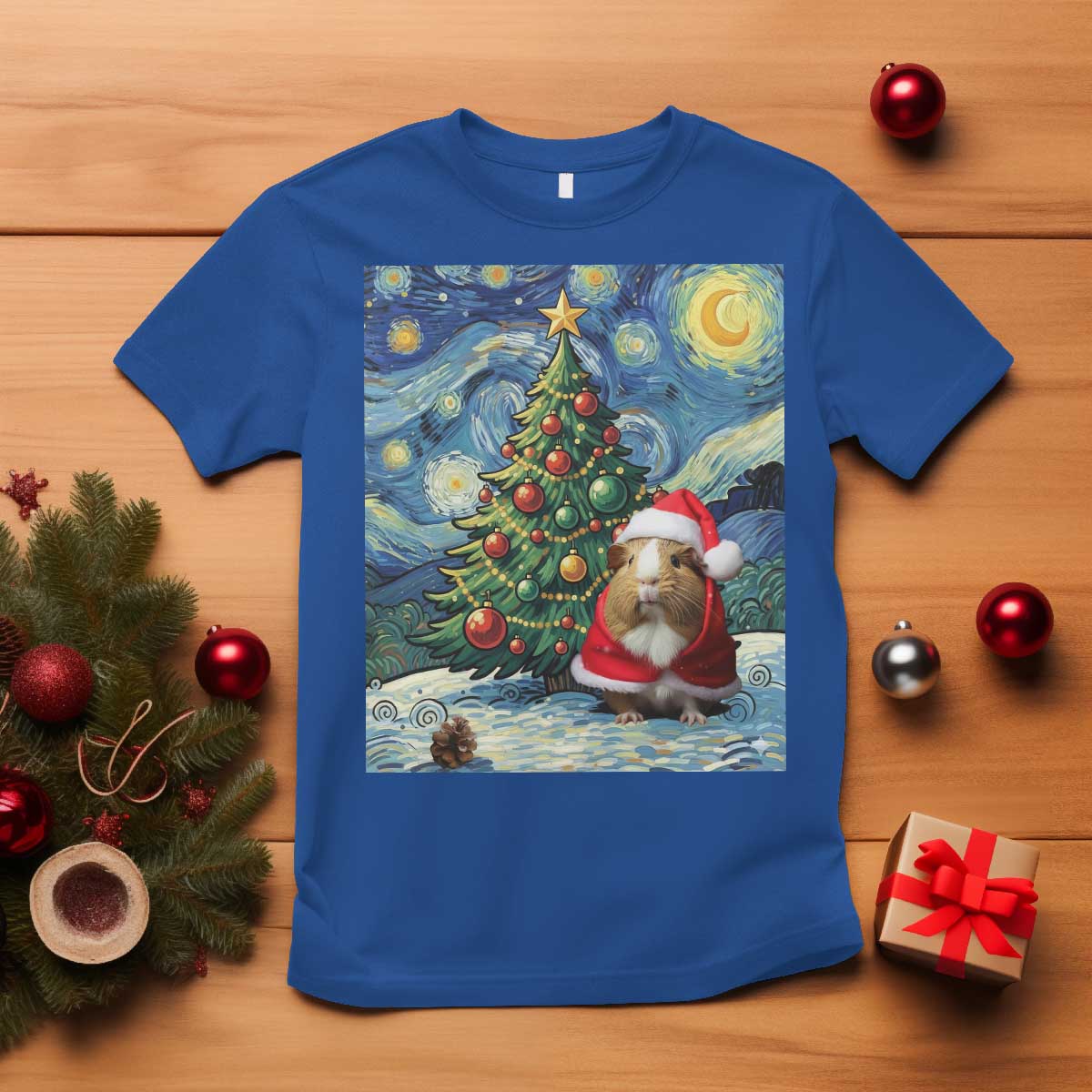Santa Guinea Pig Starry Night Inspired T Shirt Funny Christmas Gift TS12 Royal Blue Print Your Wear