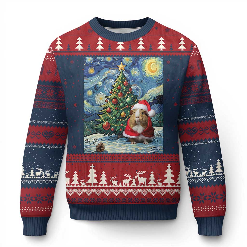Santa Guinea Pig Starry Night Inspired Ugly Christmas Sweater Funny Xmas Gift TS12 Navy Red Print Your Wear