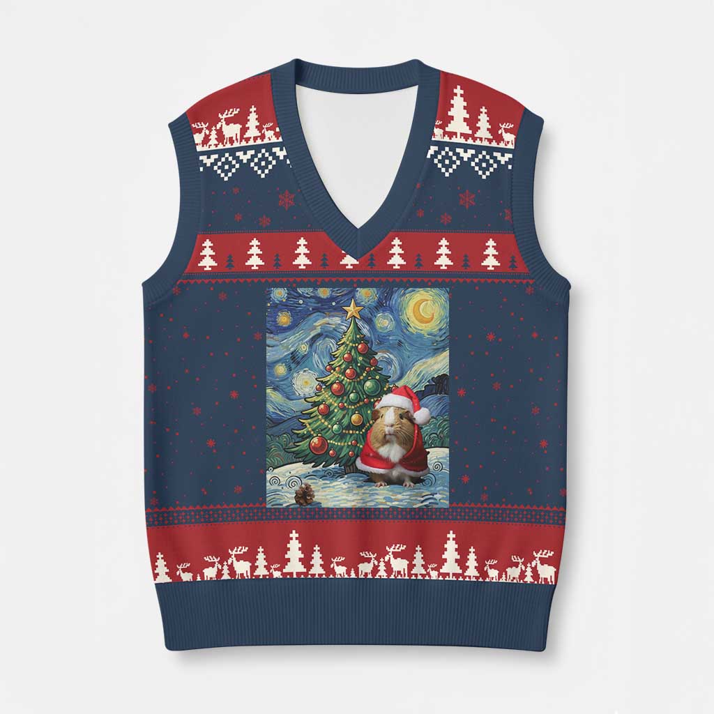 Santa Guinea Pig Starry Night Inspired V-Neck Knit Sweater Vest Funny Xmas Gift TS12 Navy Red Print Your Wear