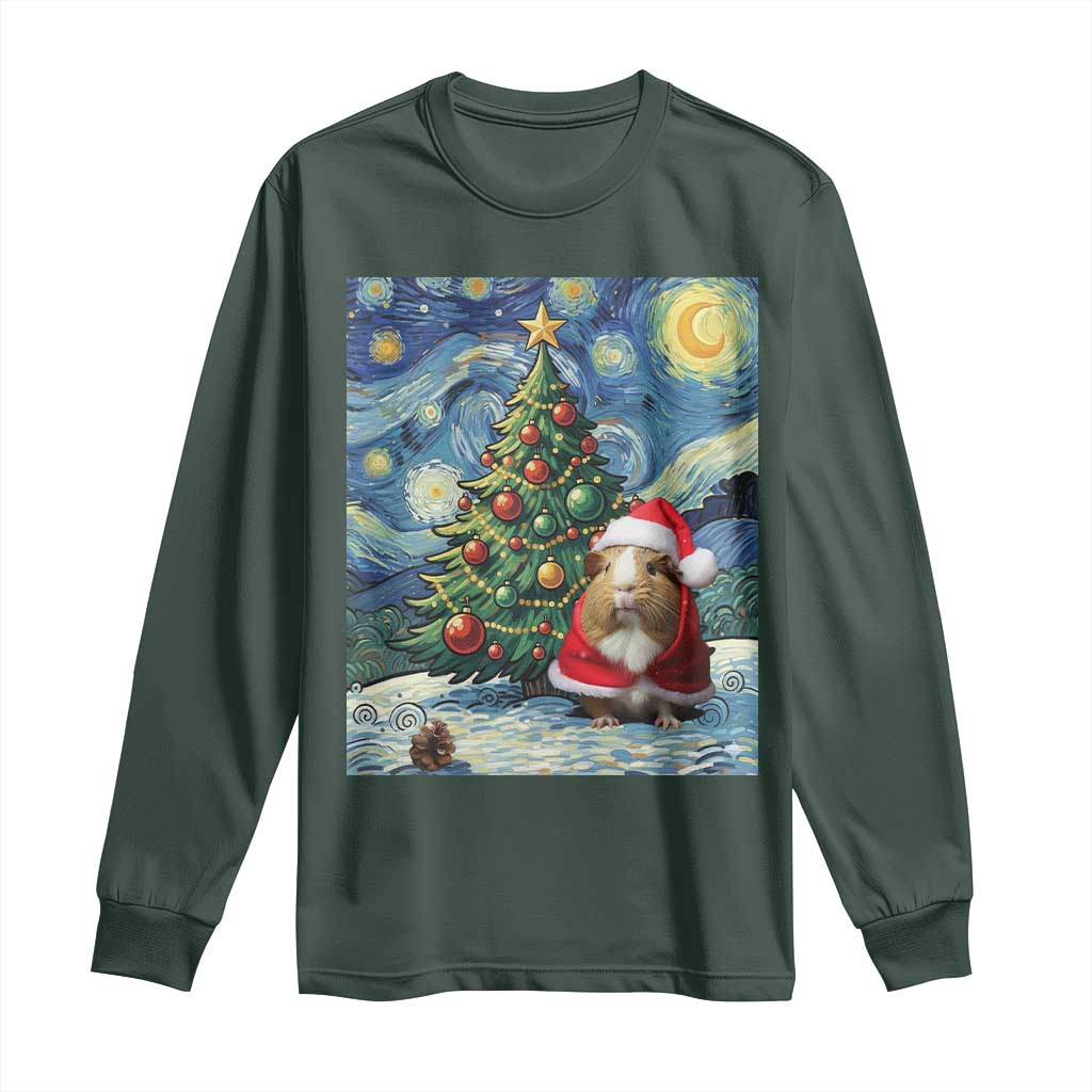Santa Guinea Pig Starry Night Inspired Long Sleeve Shirt Funny Christmas Gift TS12 Dark Forest Green Print Your Wear