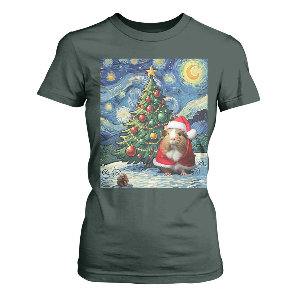 Santa Guinea Pig Starry Night Inspired T Shirt For Women Funny Christmas Gift TS12 Dark Forest Green Print Your Wear