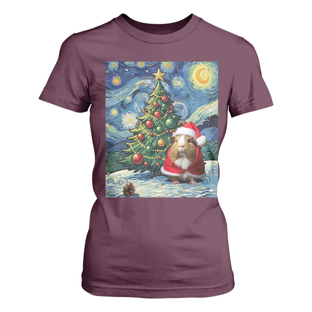 Santa Guinea Pig Starry Night Inspired T Shirt For Women Funny Christmas Gift TS12 Maroon Print Your Wear