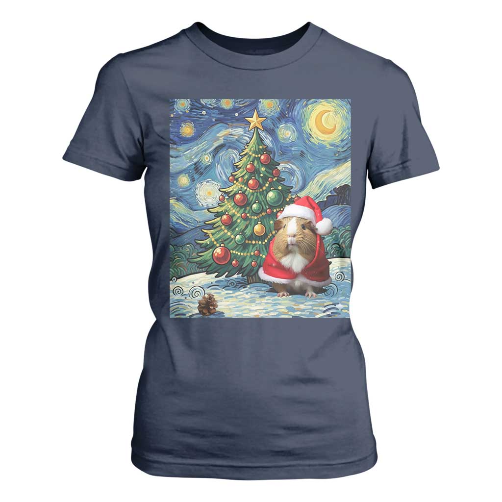 Santa Guinea Pig Starry Night Inspired T Shirt For Women Funny Christmas Gift TS12 Navy Print Your Wear