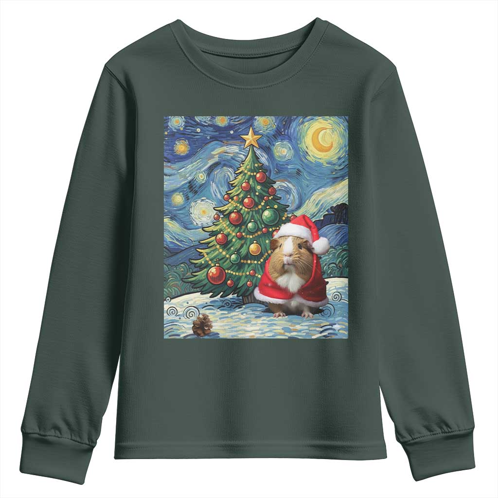Santa Guinea Pig Starry Night Inspired Youth Sweatshirt Funny Christmas Gift TS12 Dark Forest Green Print Your Wear