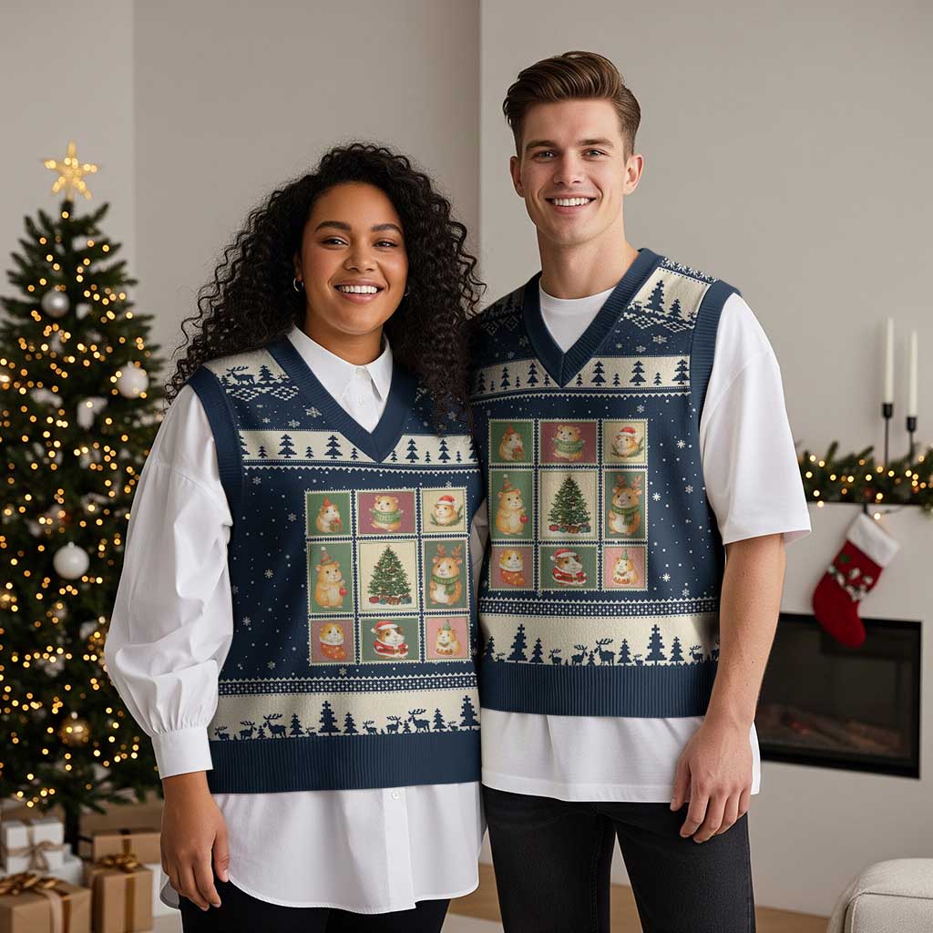 Tis The Season To Be Wheeky V-Neck Knit Sweater Vest Christmas Guinea Pig Gift TS12 Navy Beige Print Your Wear
