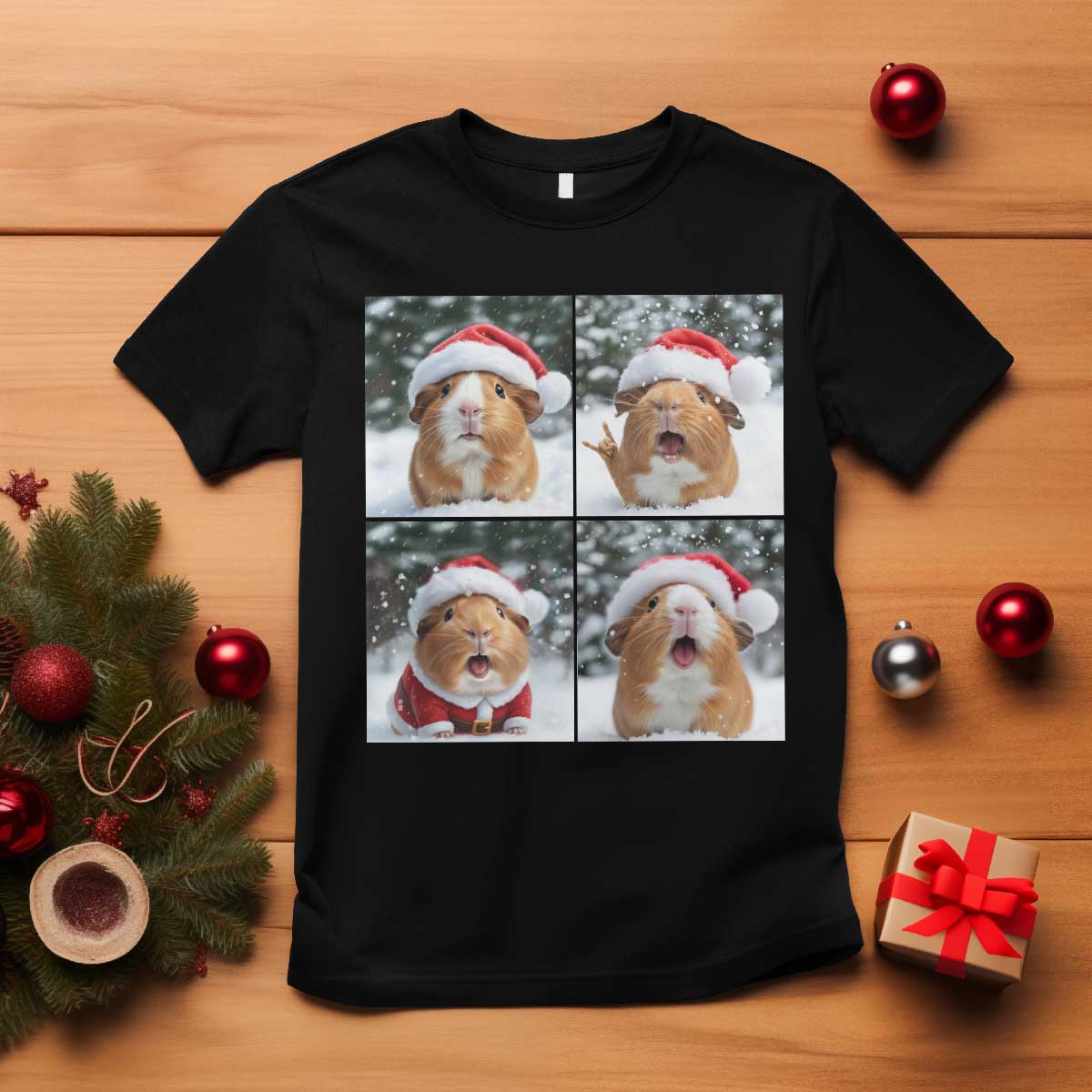 Funny Guinea Pig With Santa Hat Photobooth T Shirt Christmas Gift TS12 Black Print Your Wear