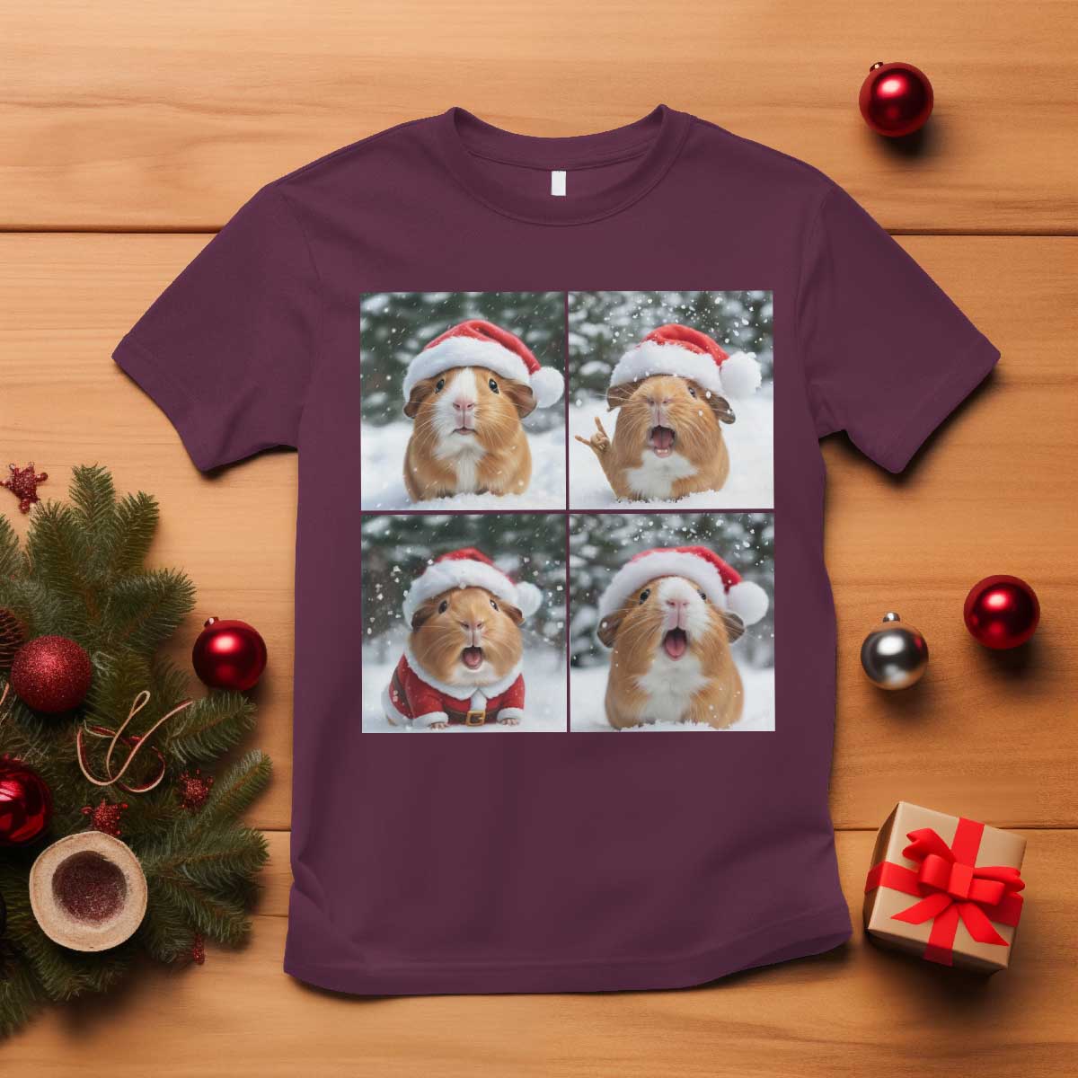 Funny Guinea Pig With Santa Hat Photobooth T Shirt Christmas Gift TS12 Maroon Print Your Wear